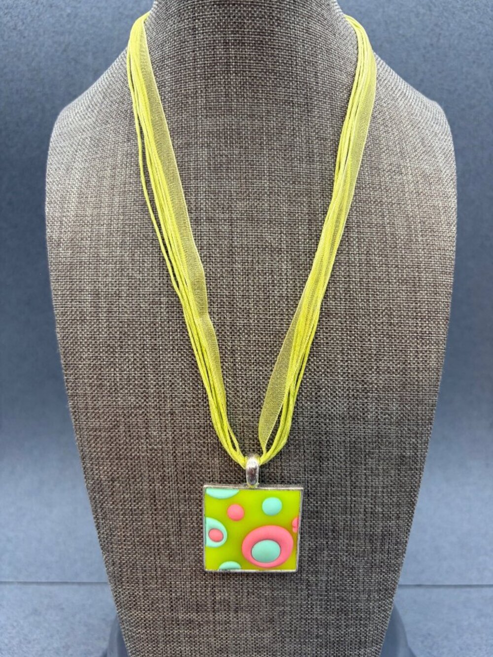 Bright Geometric Pendant Necklace 18 In Silver Neon Green Pink Turquoise Blue